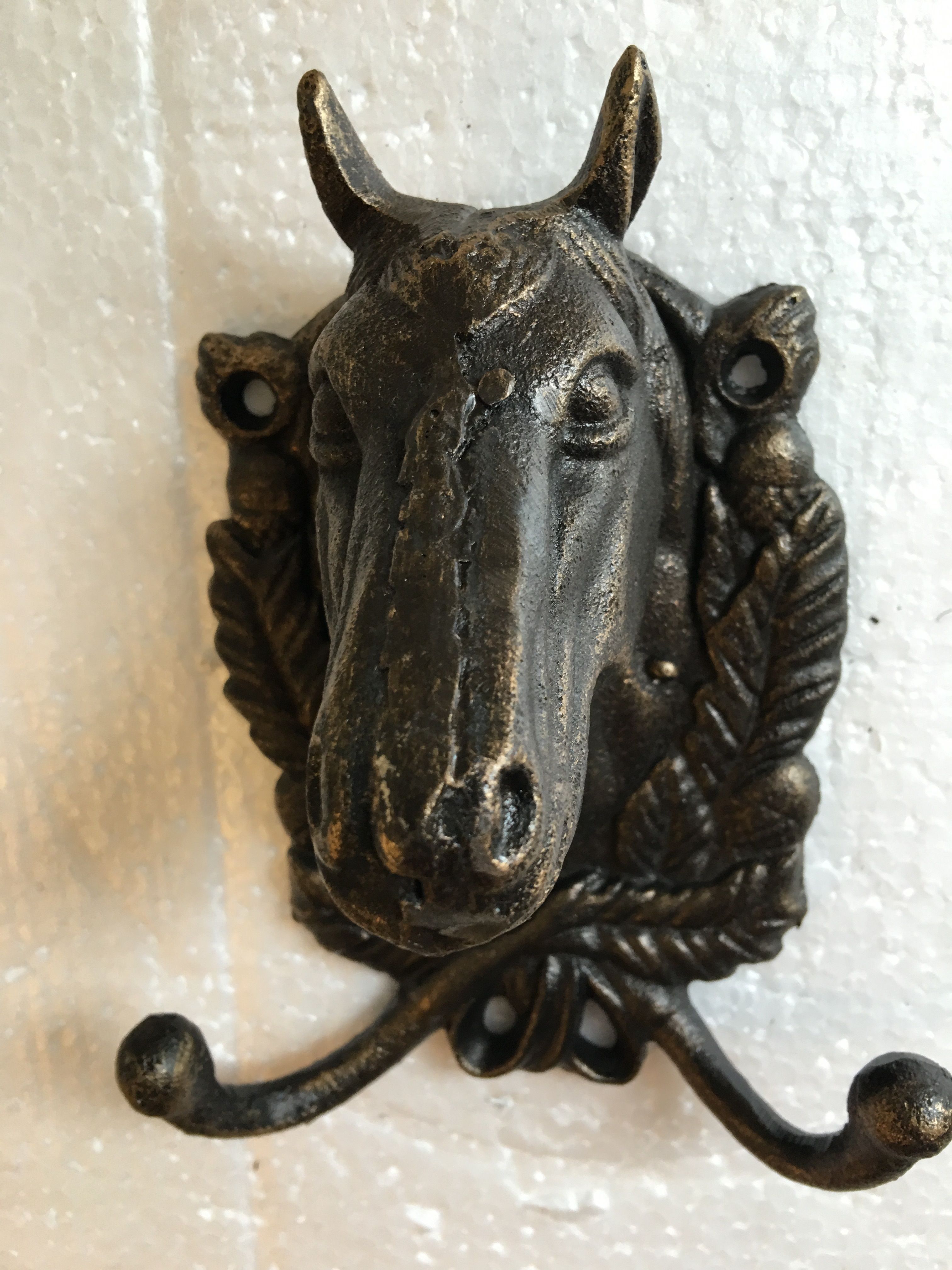 Cast iron-bronze colored horse head with double coat hook, beautiful!! 