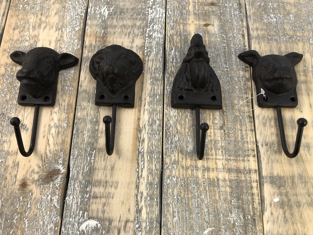 Set of 4 Coat hooks - Farm Animals - Cast iron - Antique Brown