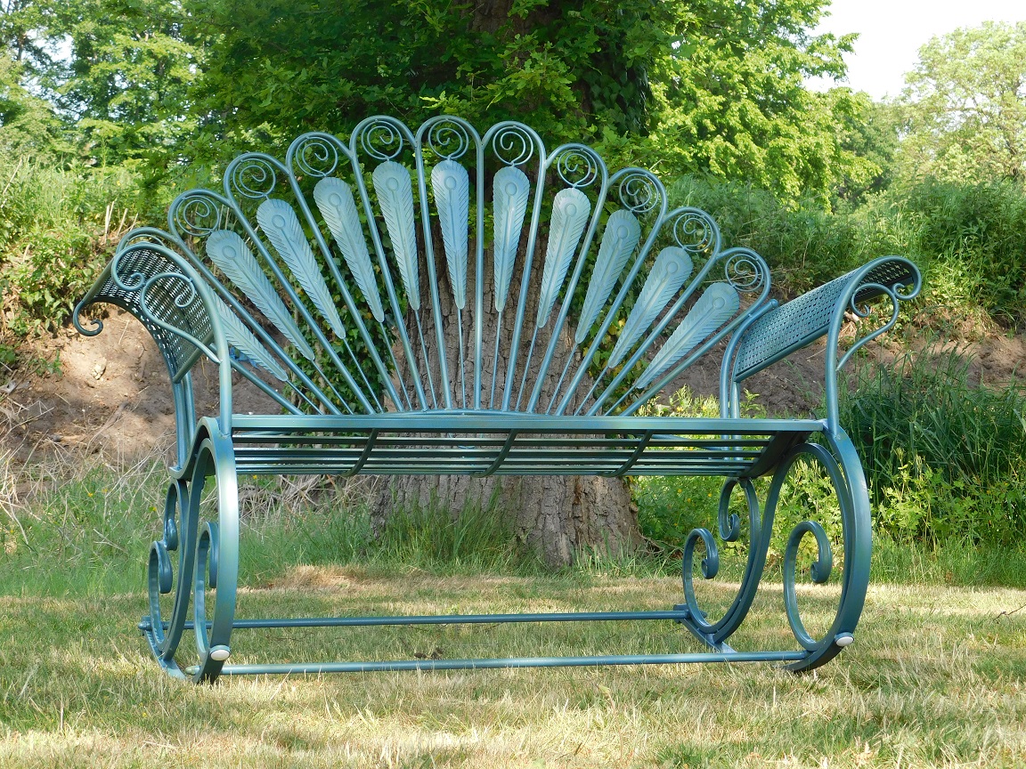 Rocking bench petrol blue wrought iron decohomeandgarden