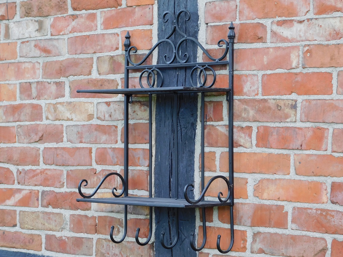 Vintage Wall Rack with Hooks - Black - Wrought Iron 