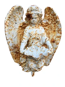 Wall ornament angel with shell, cast iron-old white-rust