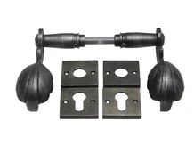 Vienna Handle Set + Square Handle and Lock Rosettes - Galvanised Cast Iron