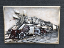 Prachtig groot olieverf doek met 3 d trein in mooie kleurstelling in alu lijst!