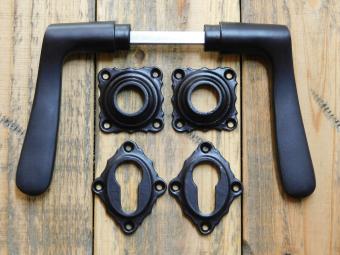 Set of Door Handles with Square Backplates and PC Lock Backplates - Black