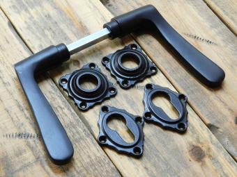 Set of Door Handles with Square Backplates and PC Lock Backplates - Black