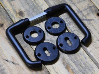 Set of door handles with round handle rosettes + key rosettes BB - Matt black - Aluminium