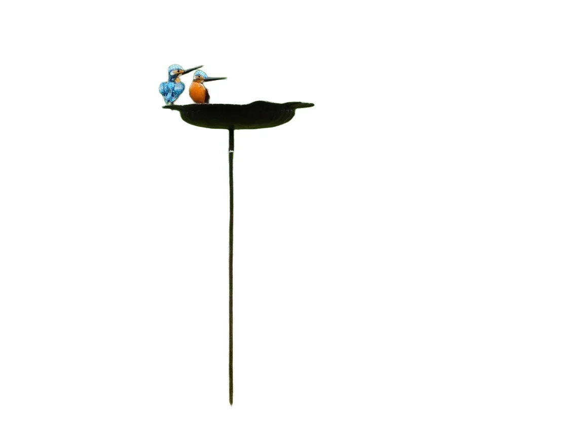 Handmade Feeder, birdbath with 2 Birds Side-by-Side - Garden Stick - Metal
