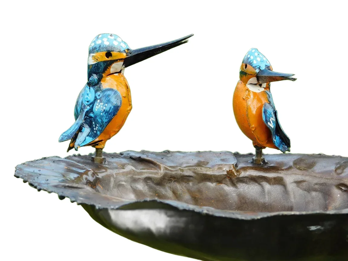 Handmade Feeder, birdbath with 2 Birds Side-by-Side - Garden Stick - Metal
