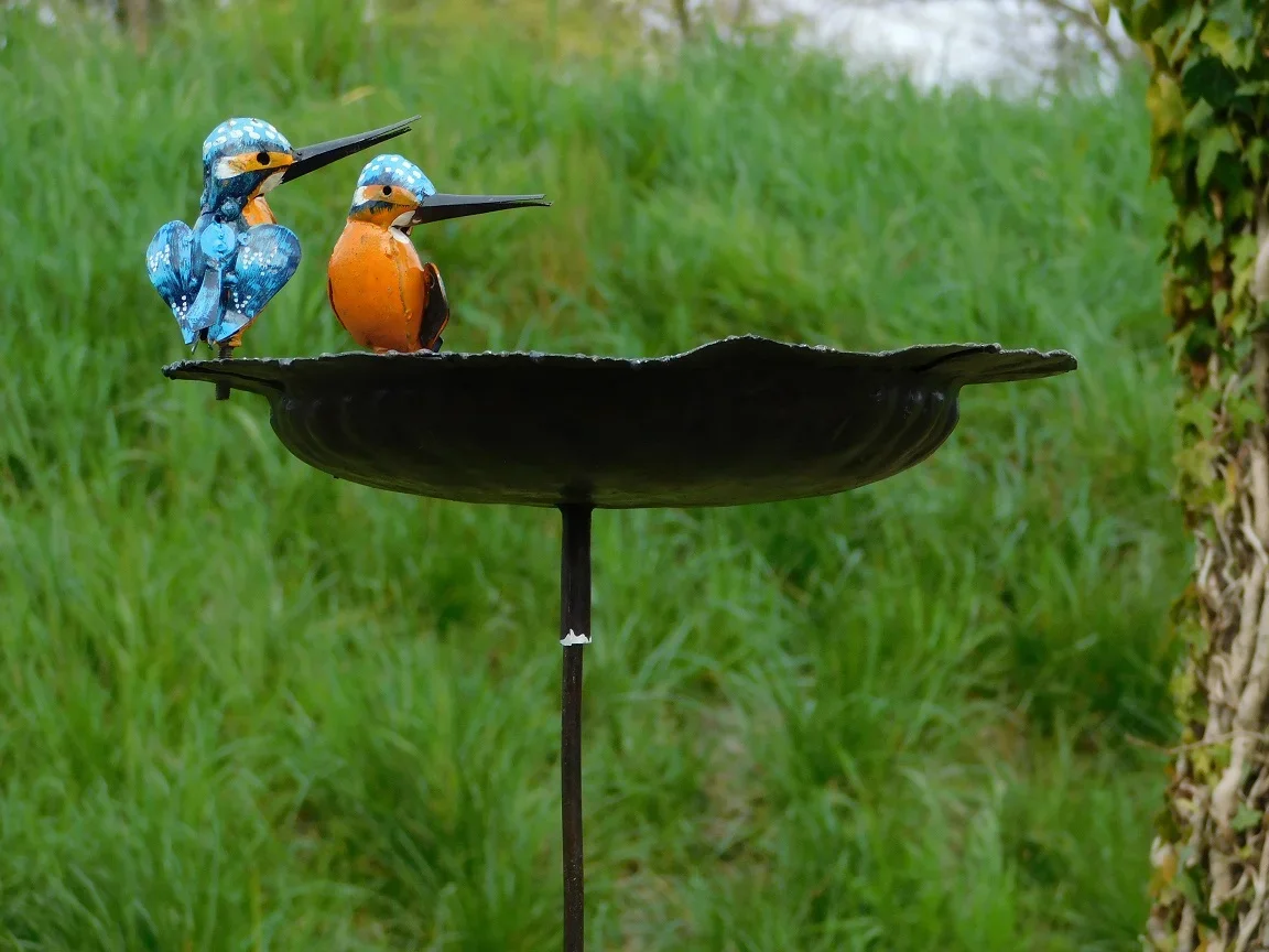 Handmade Feeder, birdbath with 2 Birds Side-by-Side - Garden Stick - Metal