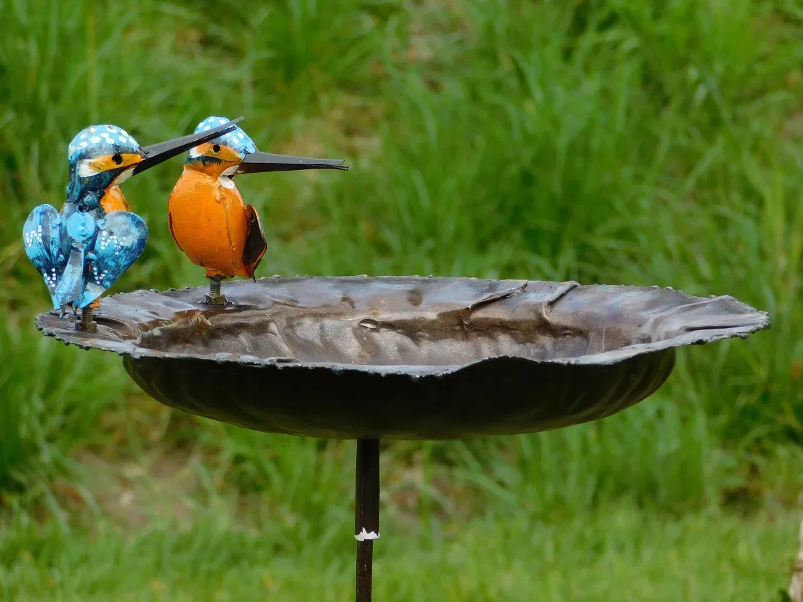 Handmade Feeder, birdbath with 2 Birds Side-by-Side - Garden Stick - Metal