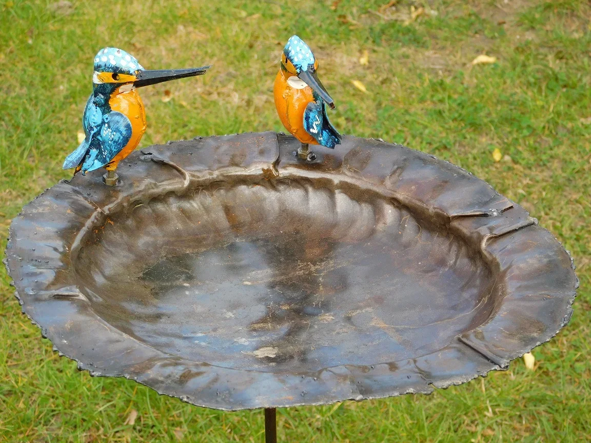 Handmade Feeder, birdbath with 2 Birds Side-by-Side - Garden Stick - Metal