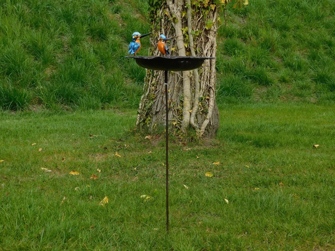 Handmade Feeder, birdbath with 2 Birds Side-by-Side - Garden Stick - Metal