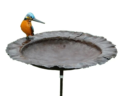 Handmade Food Bowl, birdbath with bird - Garden Stick - Metal