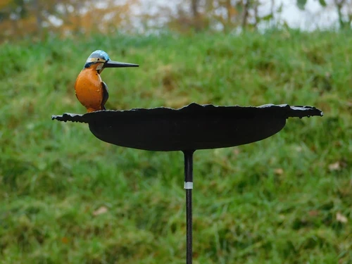 Handmade Food Bowl, birdbath with bird - Garden Stick - Metal