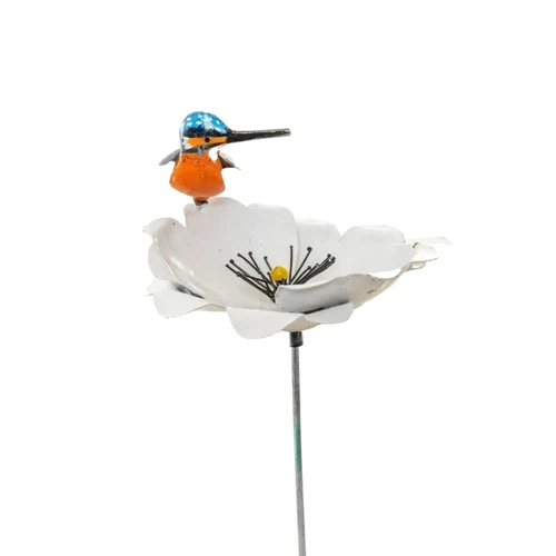 Garden Stick Flower with Kingfisher - Metal - White Garden Flower