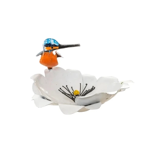 Garden Stick Flower with Kingfisher - Metal - White Garden Flower