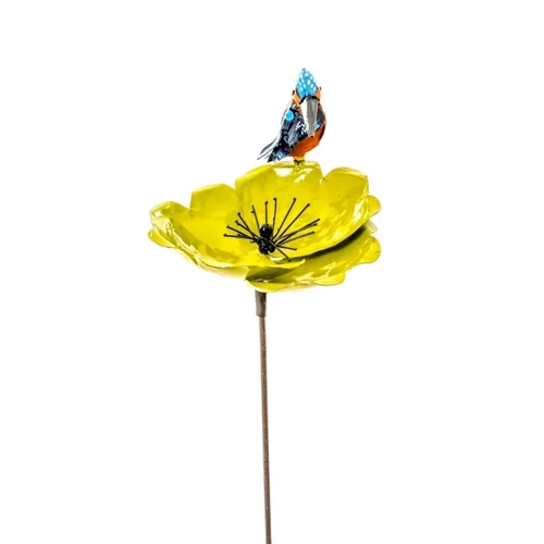 Garden Stick Yellow Flower with Kingfisher - Metal