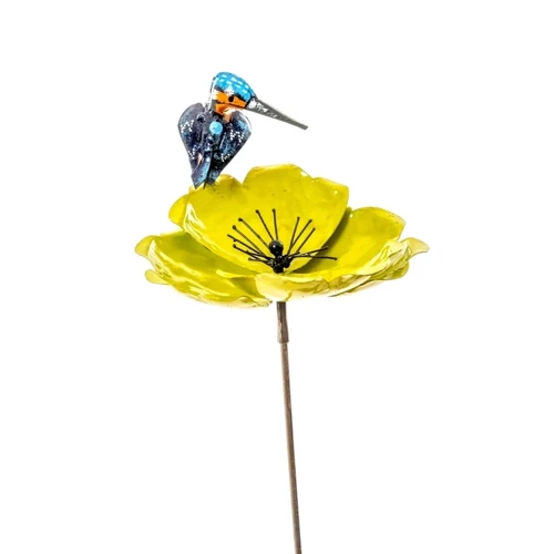 Garden Stick Yellow Flower with Kingfisher - Metal
