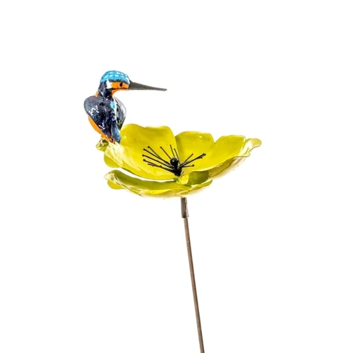 Garden Stick Yellow Flower with Kingfisher - Metal