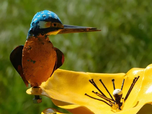 Garden Stick Yellow Flower with Kingfisher - Metal