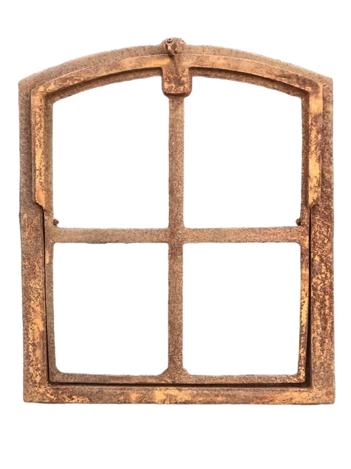 An antique-looking stable window, foldable open, untreated cast iron, resting surface, window