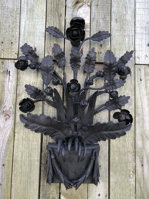 Wrought iron wall ornament, rose motif, very beautiful and unique piece!