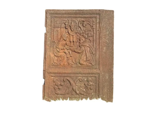Antique hearth plate, large, old scene, vintage cast iron, rustic