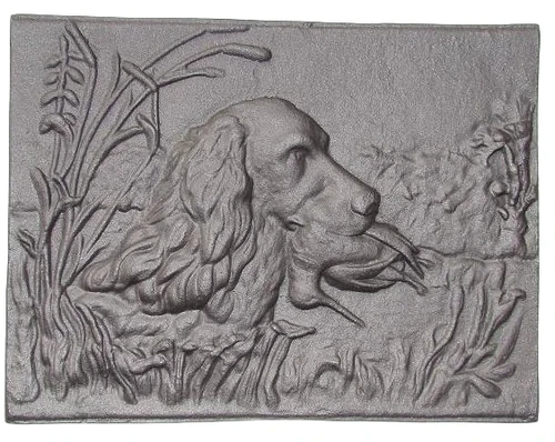 Open haard plaat, jacht tafereel, wandornament, DUCK-DOG, massief gietijzer, zware uitvoering