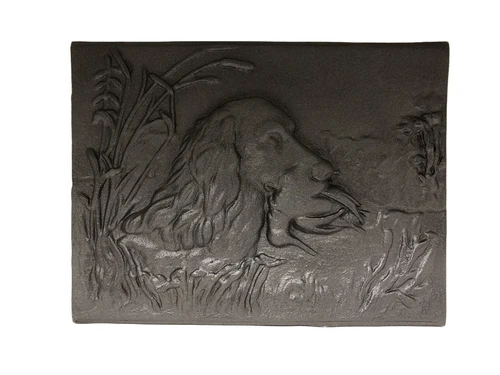 Open haard plaat, jacht tafereel, wandornament, DUCK-DOG, massief gietijzer, zware uitvoering