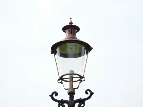 Garden lantern black, cast iron pole, with cupper shade, classic outdoor lamp