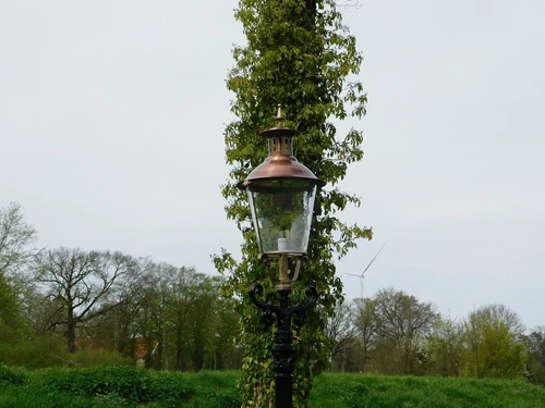 Garden lantern black, cast iron pole, with cupper shade, classic outdoor lamp