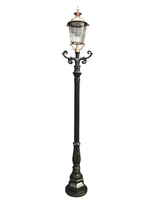 Outdoor lamp, lantern with ceramic fitting and glass, cast aluminium pole, with copper round shade, high 240 cm