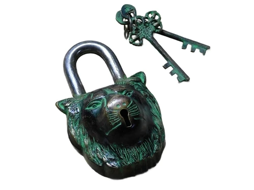 Padlock Lion - Brass - Green Finish - Incl. 2 Keys