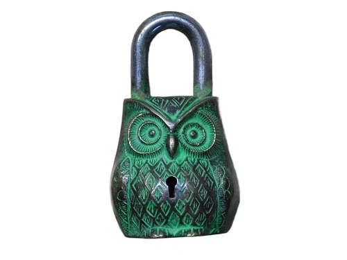 Padlock Owl - Brass - Green Finish - Incl. 2 Keys