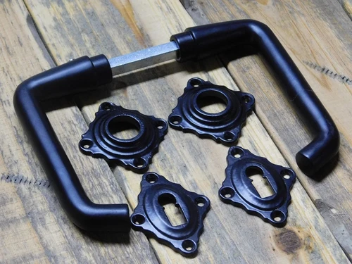 Set of Door Handles with Square Backplates and BB Lock Cylinder Backplates - Black