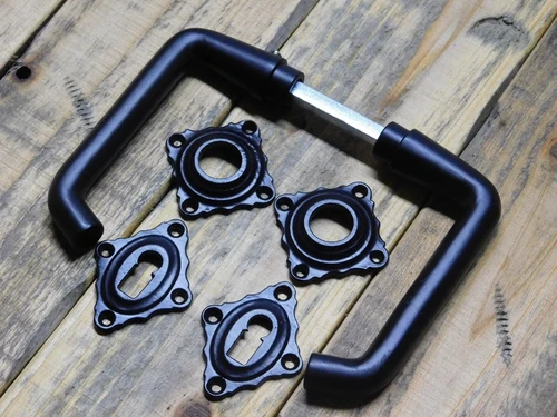 Set of Door Handles with Square Backplates and BB Lock Cylinder Backplates - Black
