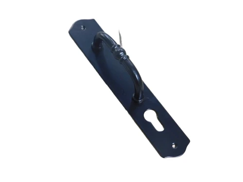 Door handle with keyhole, stylish, black powder-coated, handle/lever.