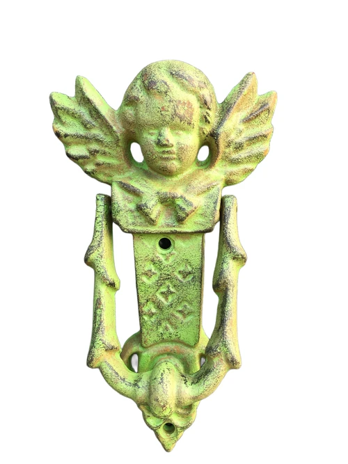 Deurklopper engel, gietijzer, groen.