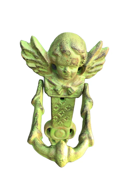 Deurklopper engel, gietijzer, groen.