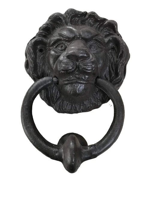 Door knocker lion head with stopper, cast iron, brown.