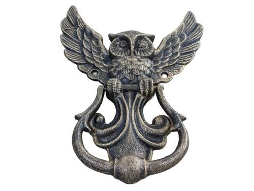 Fantastischer Türklopfer mit Eulenmotiv, antike Bronze.
