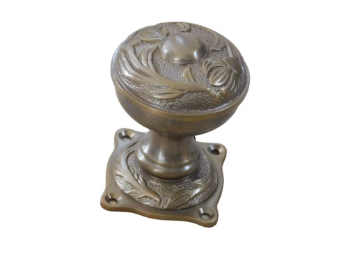 Deurknop met Art Nouveau Lilies antiek, messing, rozet knop vast