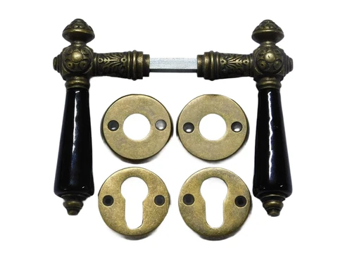 Set Door Hardware - Antique Brass with Black Ceramic Handles - Incl. Rosettes