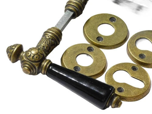 Set Door Hardware - Antique Brass with Black Ceramic Handles - Incl. Rosettes
