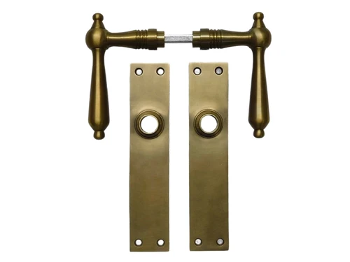 Set of Door Handles with Door Plates without Keyhole - Patinated Brass