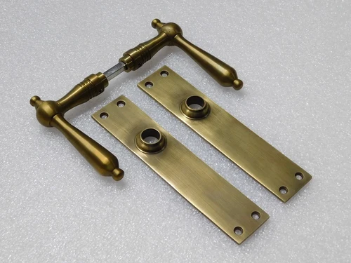 Set of Door Handles with Door Plates without Keyhole - Patinated Brass