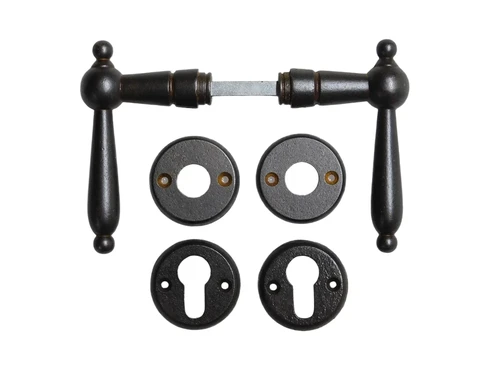 Set of Door Handles with Round Latch and Lock Rosettes - PZ - Dark Brown - Iron Rusted