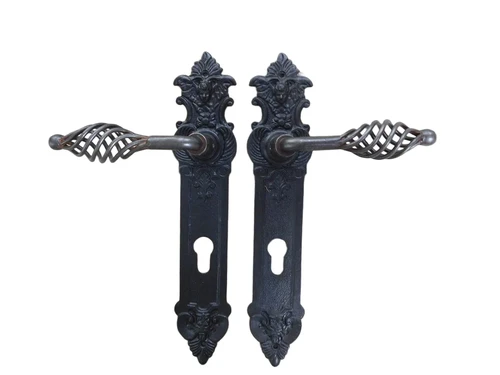 Set of door hardware - 2 handles turned iron + 2 protective plates PZ92 angel, antique iron