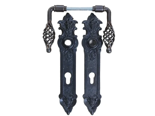 Set of door hardware - 2 handles turned iron + 2 protective plates PZ92 angel, antique iron