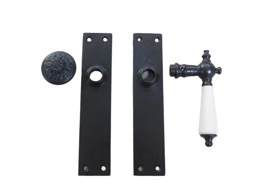 Set of door hardware - antique iron - knob and lock with door plates - front door